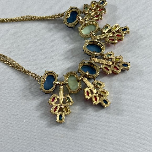 Bright Spring Colors Gold Tone Bib Necklace Double Chain Rhinestones 17-20" - Picture 10 of 11